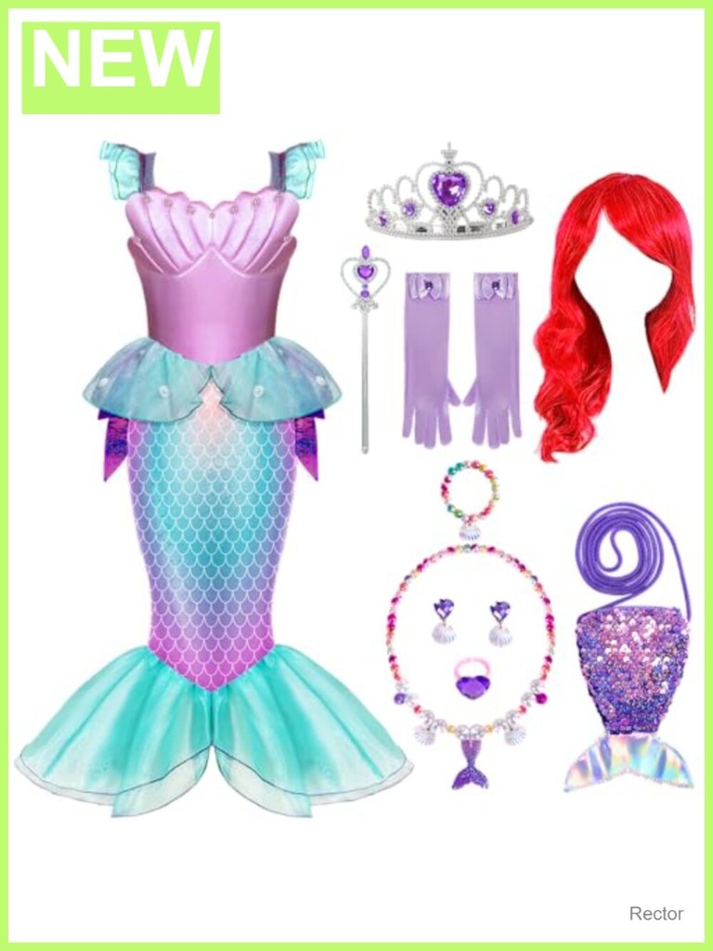 Girls Mermaid Costume Set with Tail, Wig, Crown, Accessories